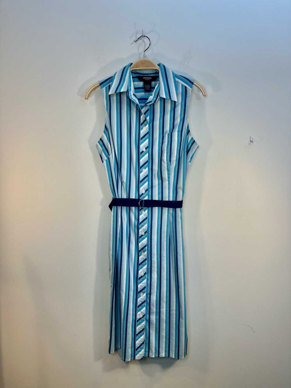 Vintage EXPRESS Stretch Blue Striped Button Front Sleeveless Shirt Dress Sz S